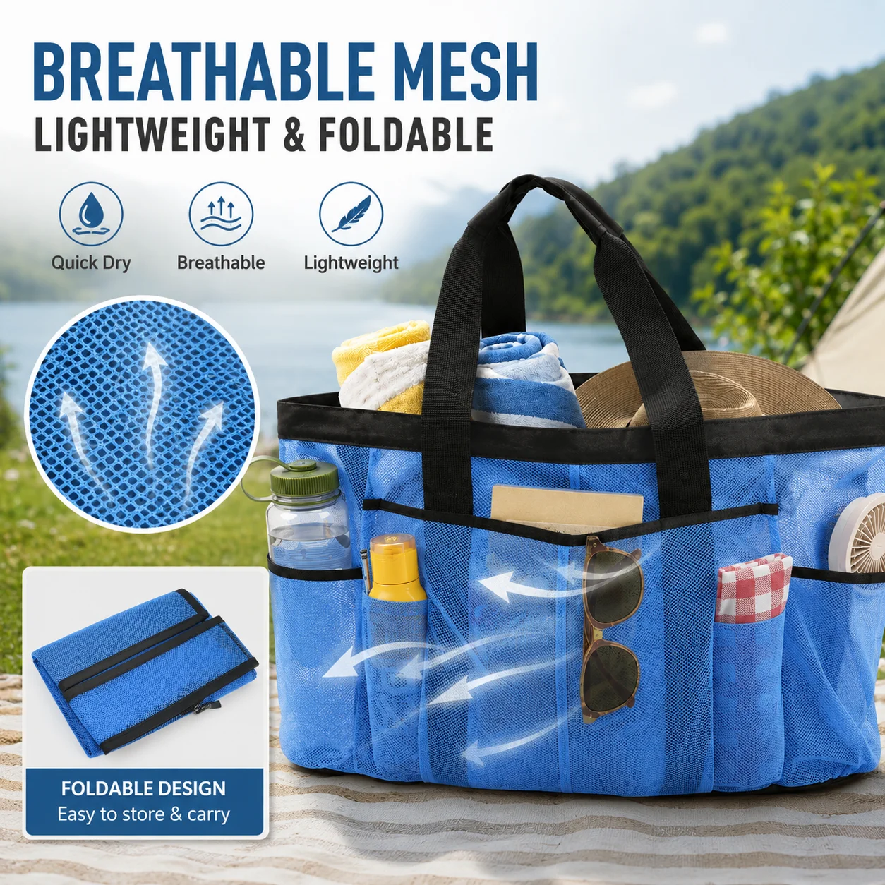 Oversized Mesh Beach Tote Bag with Zipper Multiple Pockets Lightweight Foldable Travel Organizer for Pool Camping Picnic