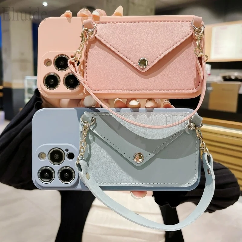 Wrist Strap Case For iPhone 16 14 13 Pro Max 12 Mini 11 Pro X XS Max 7 8 15 Plus Shockproof Wallet Card Silicone Handbag Cover