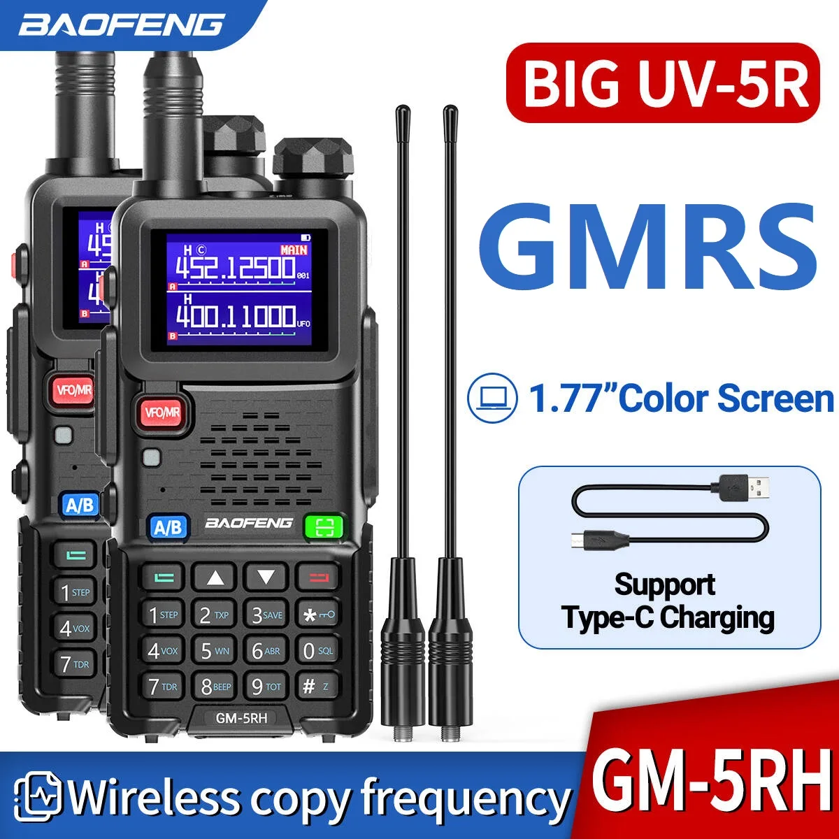 BAOFENG UV-5RH GM-5RH, Walkie Talkie nirkabel salinan frekuensi tipe-c pengisian daya NOAA UV-5R AR-5RM VHF UHF Ham Radio dua arah 1/2