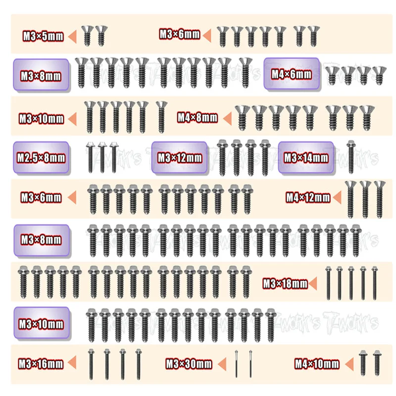 

Original T works TSSU-RX8E'23 64 Titanium Screw set ( UFO Head ) 125pcs.( For Xray RX8E 2023 )ssional Rc part