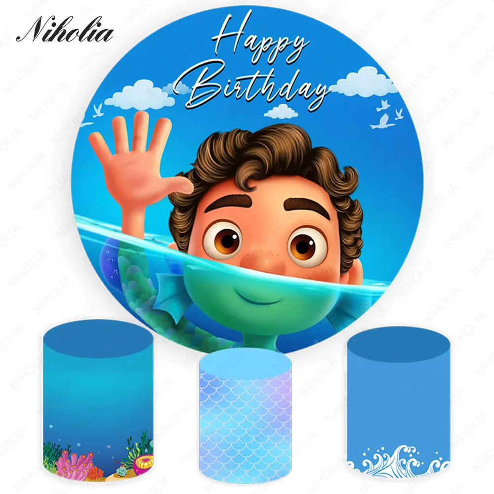 Disney Luca Round Backdrops Cover Fish Man Summer Friendship Day Happy Birthday Party Background Photo Studio Elastic Cylinder