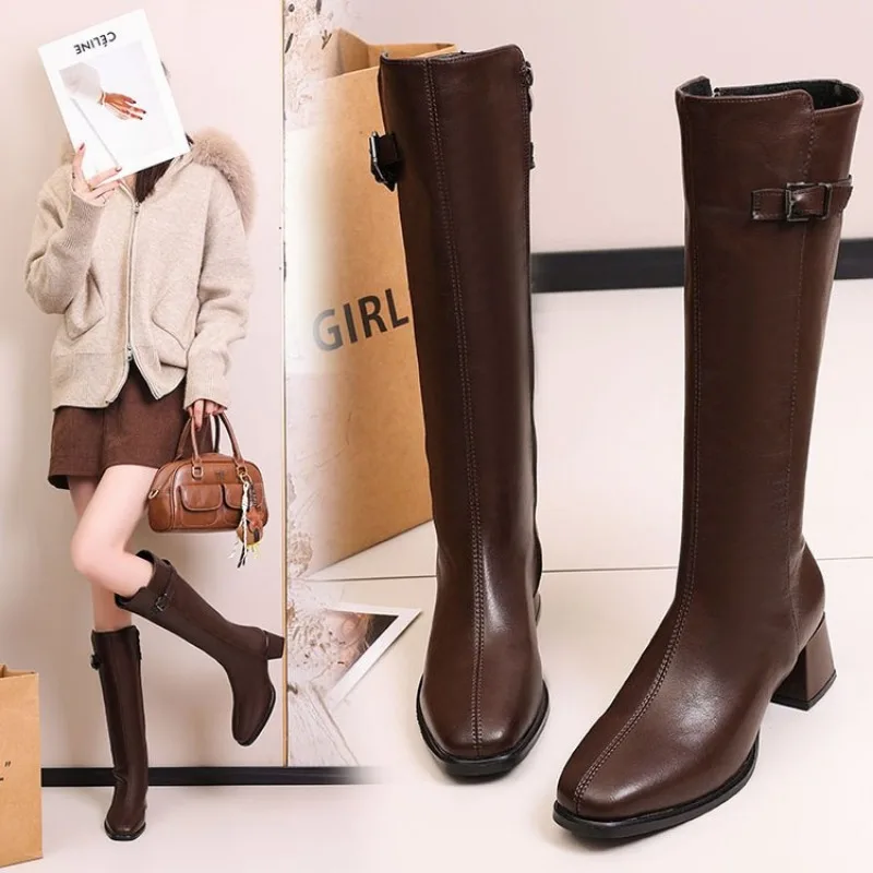 

Women's New Autumn/Winter Genuine Leather Cowhide Mid Heel Large Metal Belt Buckle and Knee Zipper High Barrel Knight Boots 42