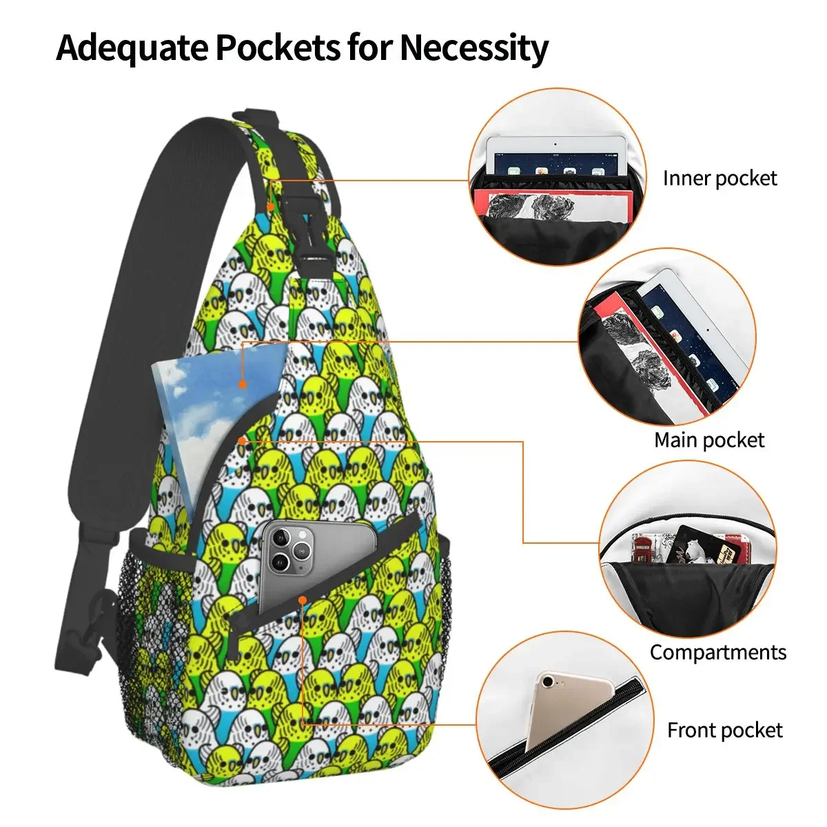 Budgie Too Many Birds Pink Parrot Crossbody Sling Bag Cool Chest Bag Shoulder Backpack Daypack for Hiking Travel Travel Satchel