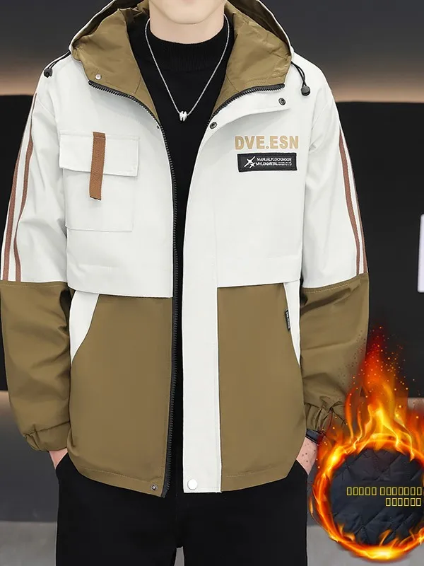 

Thiened Cotton Hooded Workwear Jaet Trendy High-End Casual Outerwear Men's irt Polyester Fiber Long Sve Zipper Closure