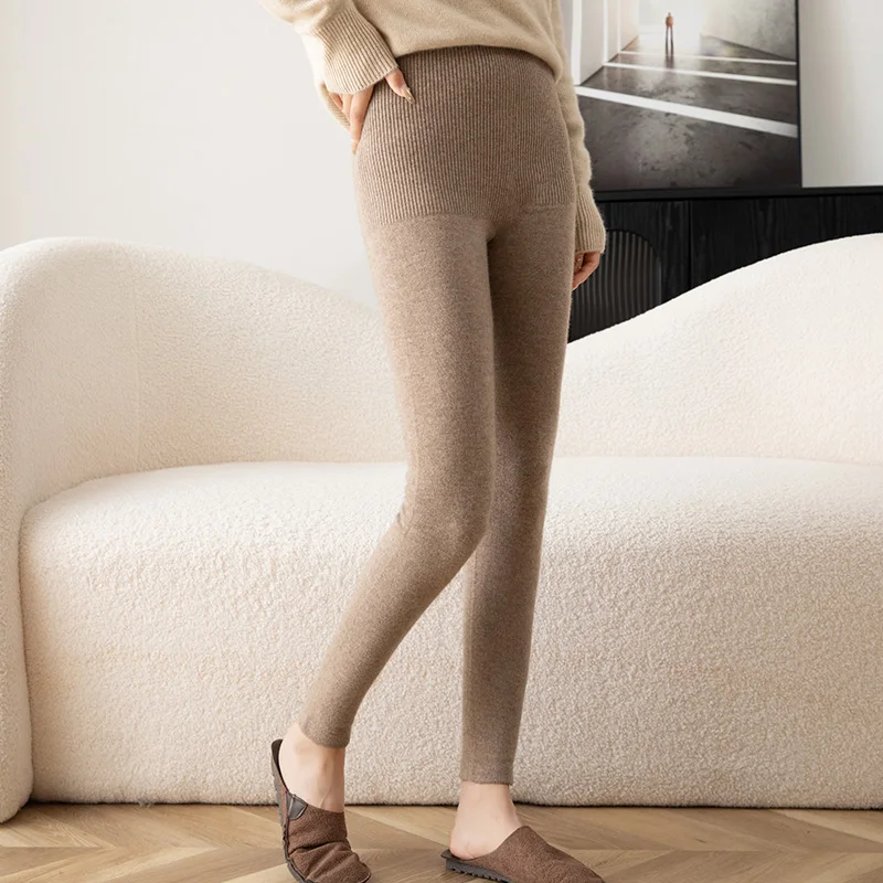 100% pure cashmere leggings for women in winter, paired with woolen pants for warmth, knitted high waisted cashmere pants