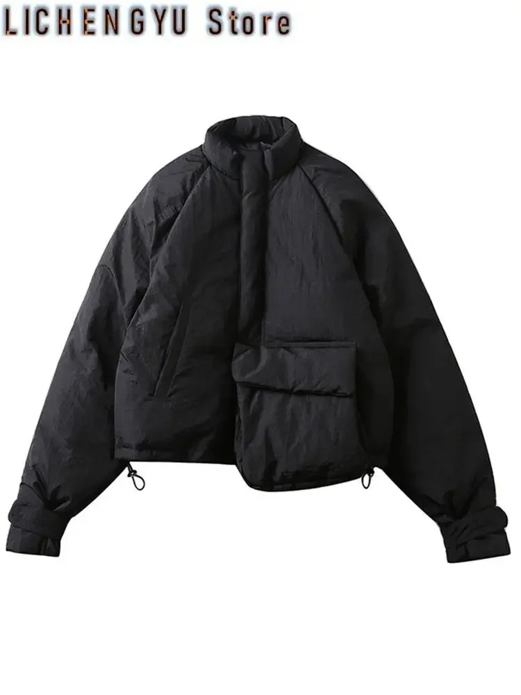 New Spring Stand Collar Black Single Pocket Stitch Large Size Warm Cotton-padded Coat Women Jacket Fashion