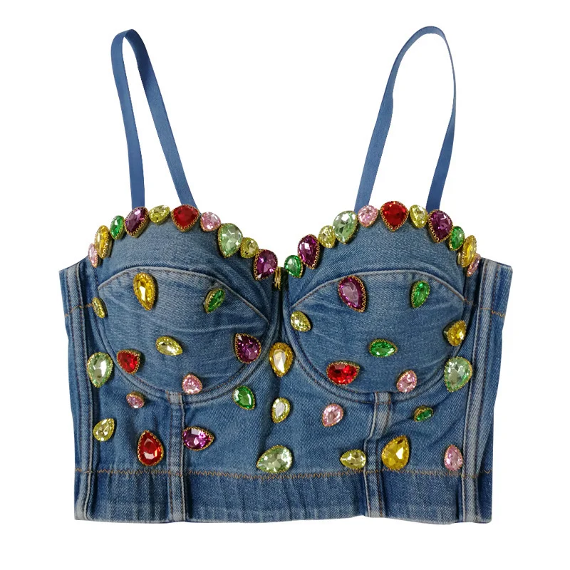 

Handtailor Denim Diamond Crop Top Nightclub Party Sleeveless Jeans Corset Camisoles Bustiers Push Up Bra To Wear Out Female