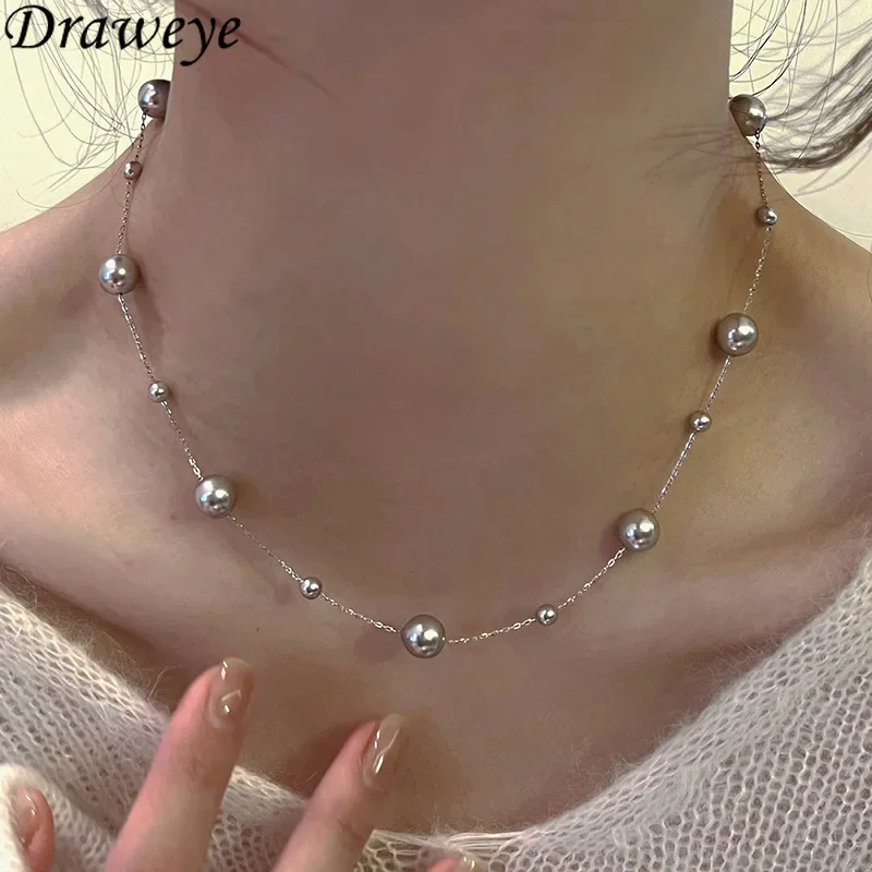 Draweye Adjustable Pearls Necklaces for Women Grey Korean Fashion Elegant Jewelry Simple Sweet Basics Collares Para Mujer