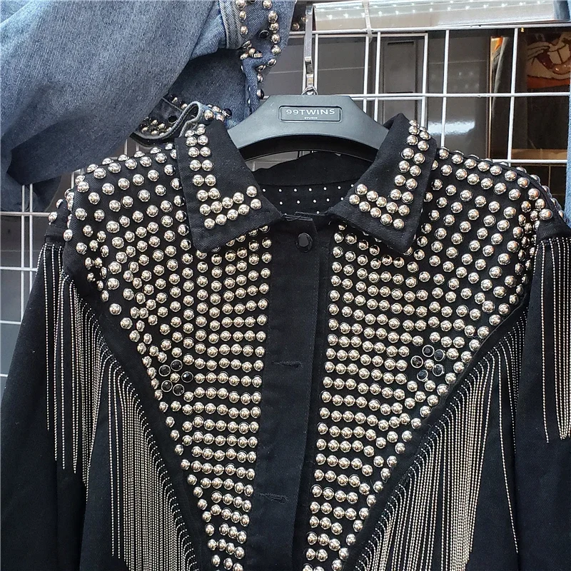 

2025 Autumn Fashion Rivet Tassel Denim Jacket Coat Women Korean Loose Short Outerwear Black Blue Jeans Jacket Female Streetwear