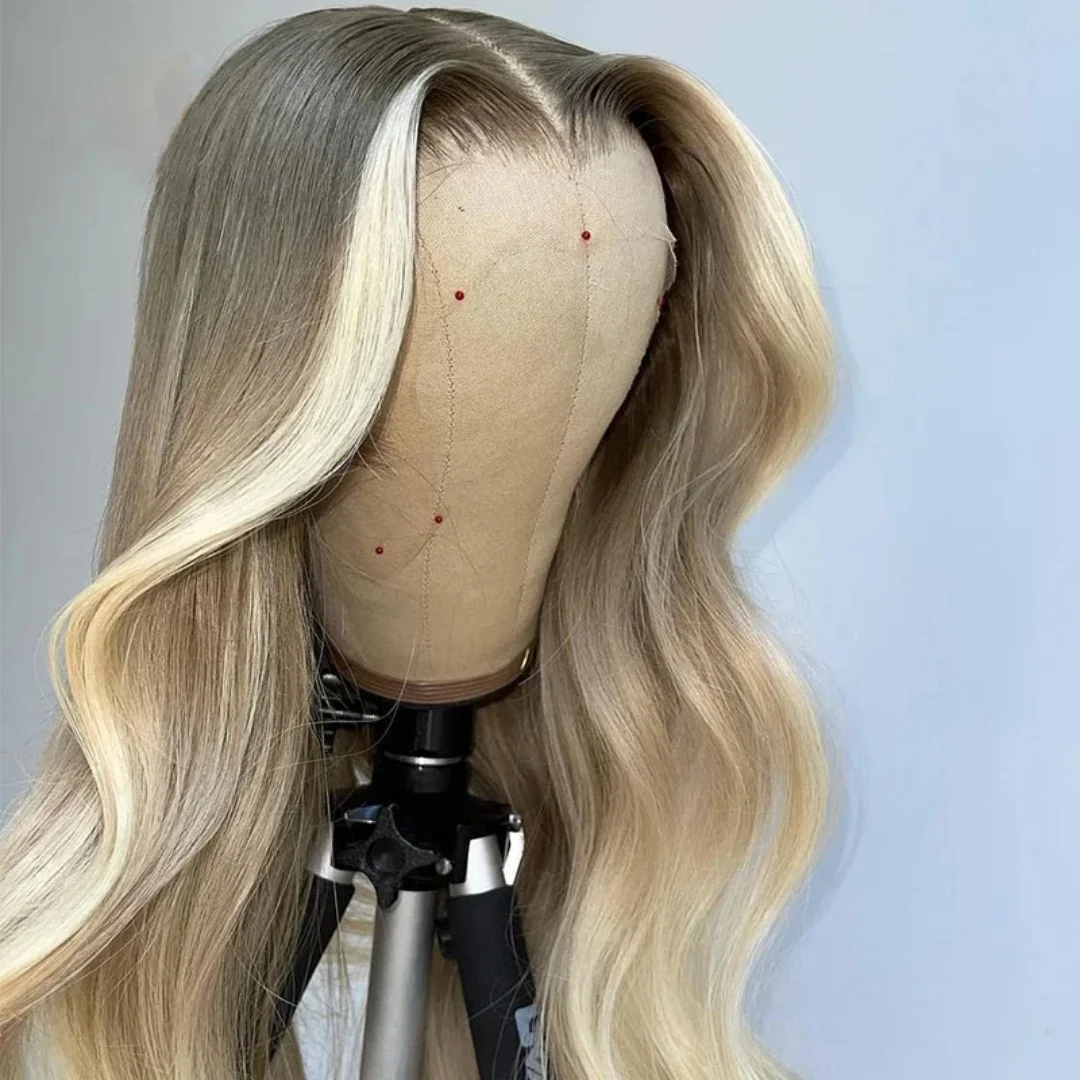 24Inch Pre-Plucked Highlight Blond Wave with Bangs Natural HD Lace Wig for Women Transparent Lace Frontal Versatile Hair Wig