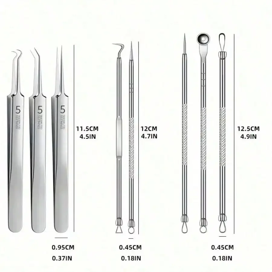Kit di strumenti per la rimozione di punti neri in acciaio inossidabile da 8 pezzi, clip per punti neri, pinzette, rimozione di punti neri per il viso di bellezza, strumento per ago per l'acne