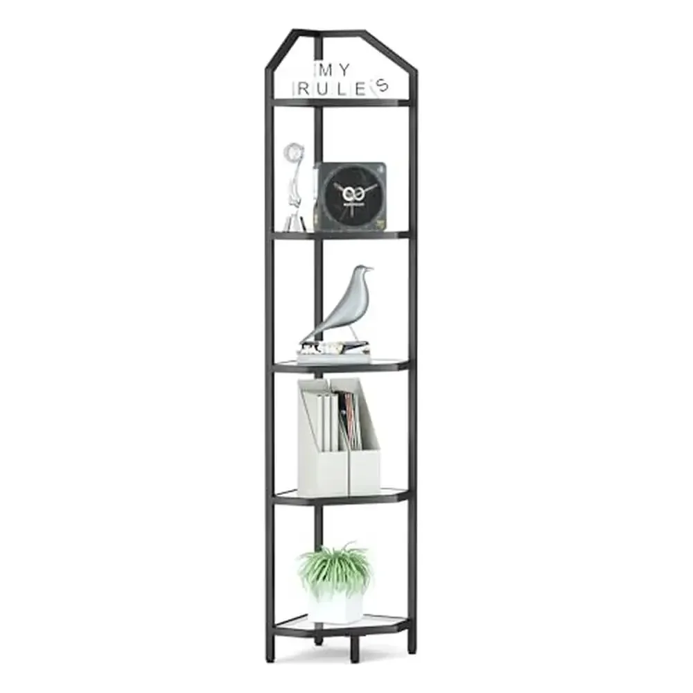 

5-Tier Black Corner Shelf Bookshelf Bathroom Storage Rack Plant Stand Tempered Glass Steel Frame Modern Style Office Kitchen