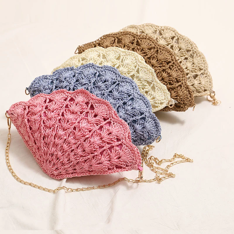 

Women Bohemian Straw Shell Woven Beach Bag Hollow Fan Design Shoulder Crossbody Purse with Chain Strap for Vacation Summer
