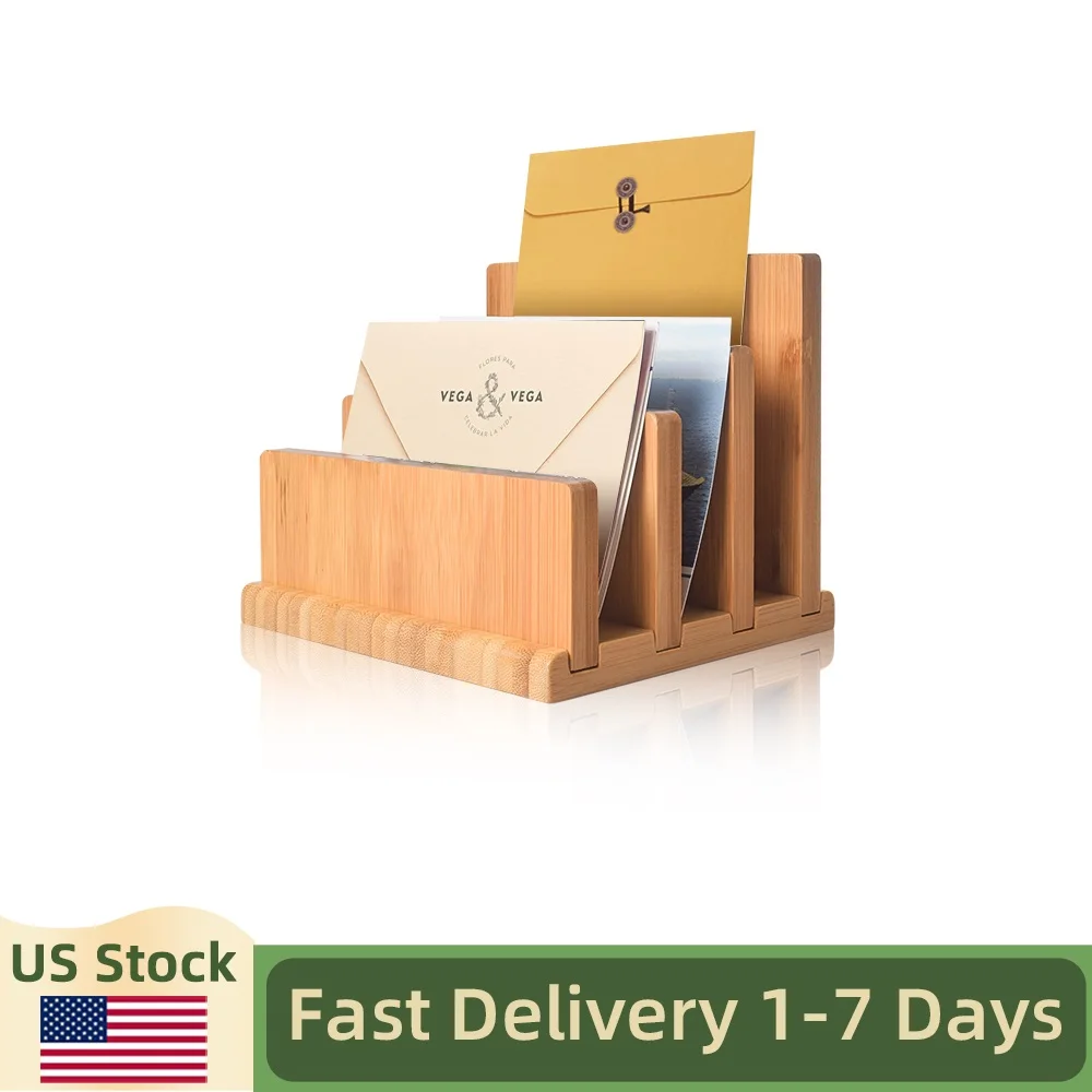 

wishacc 3 Slots Bamboo Mail Organizer Vertical Desk Letter Envelope File Paper Folder Bill Holder for Office Home Storage