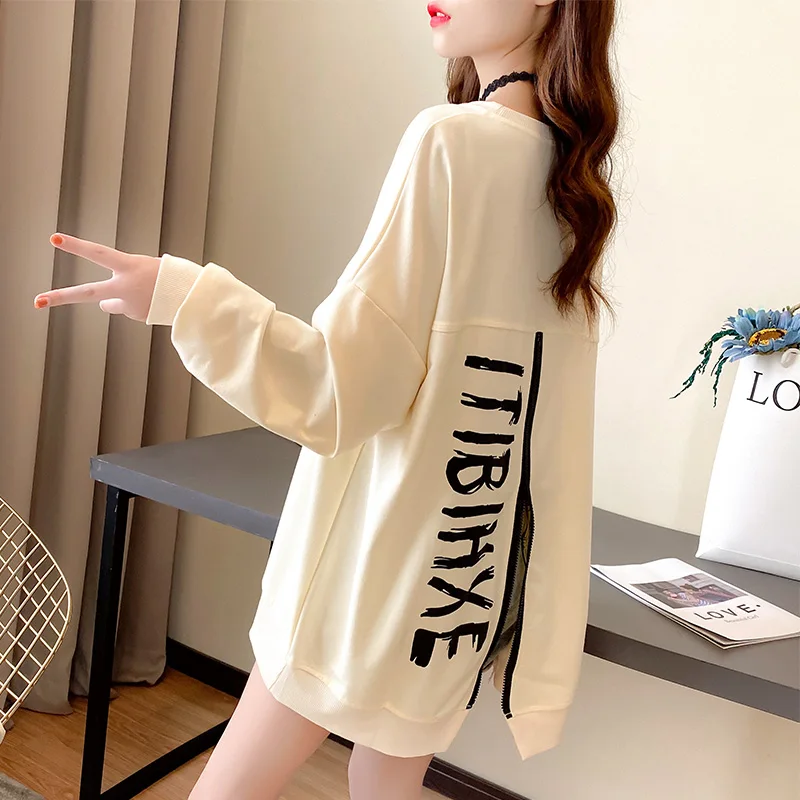 Women Loose Casual Round Neck Korean Top Women's Back Zipper Letter Printed Asymmetric Sweatshirt Autumn New Harajuku Pullover
