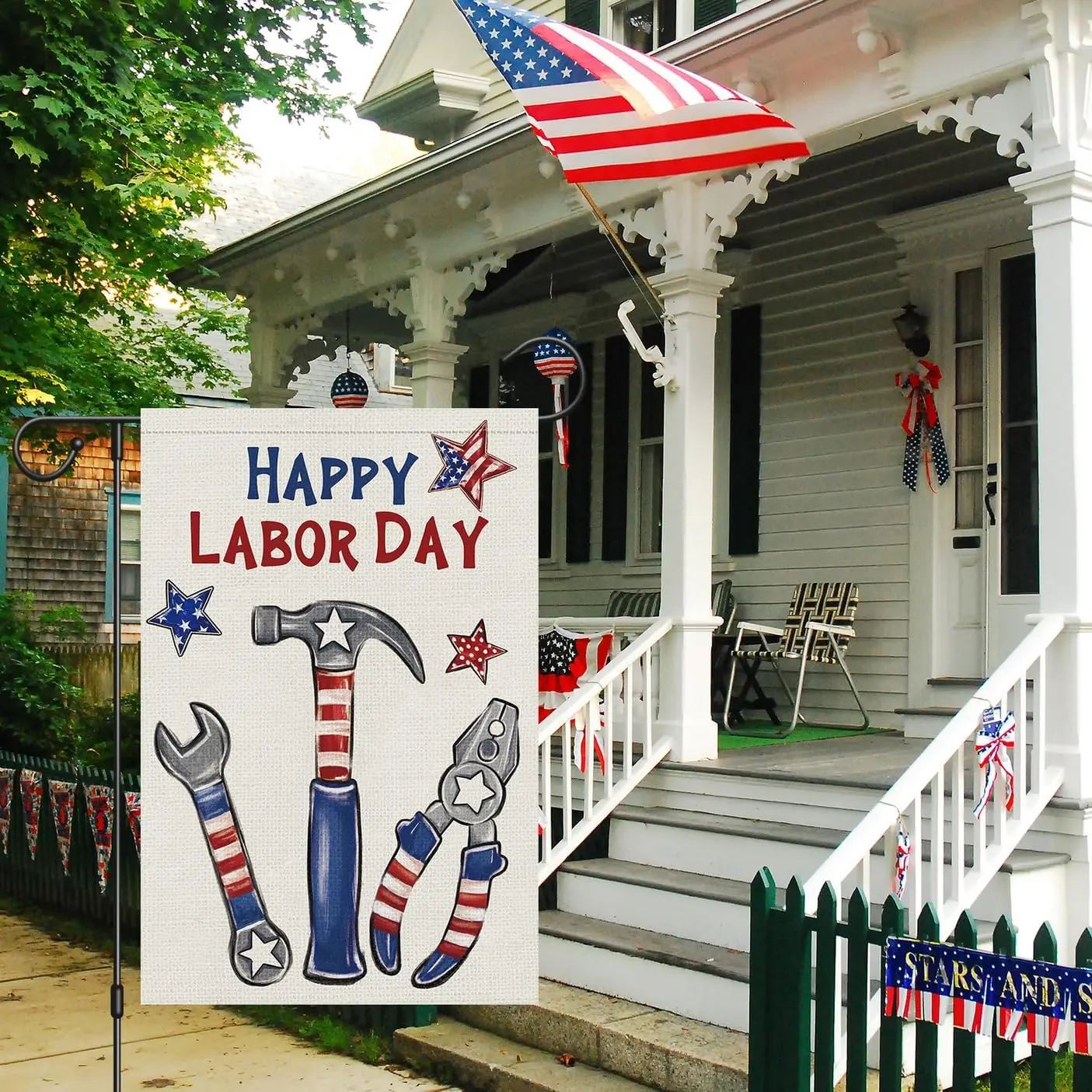 Louise Maelys Happy Labor Day Garden Flag 12x18 Double Sided Vertical, Burlap Small Stars Stripes Tools Garden Yard House US hhz