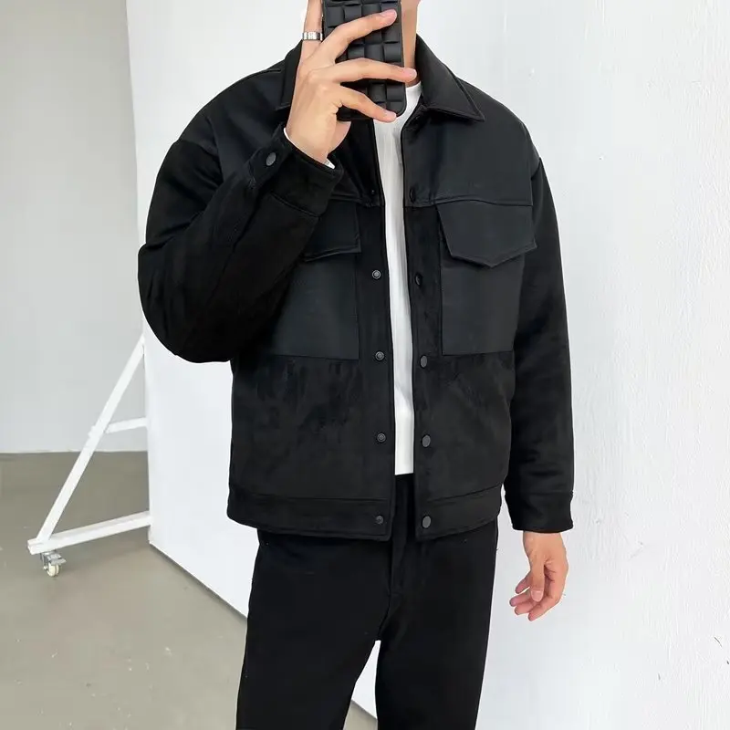 الخريف الشتاء حجم كبير Faionable بولي Leather الجلود المرقعة Jaet الرجال فضفاض عصري بدوره إلى أسفل طوق ملابس العمل معطف Sle #2