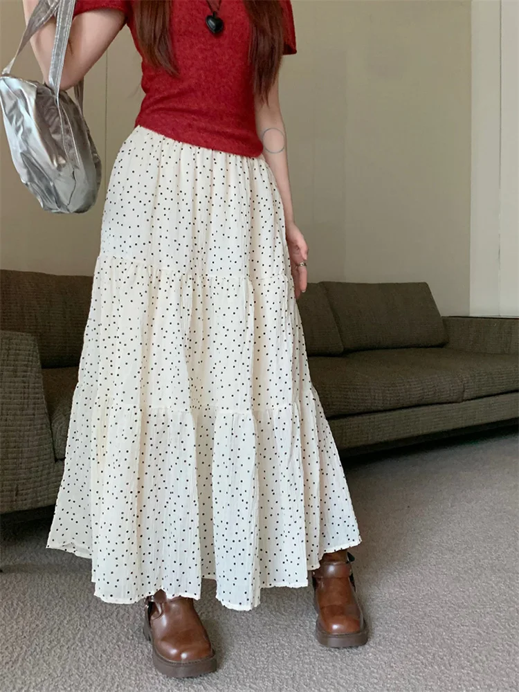 

Benuynffy Vintage Polka Dot Swing Long Skirts Women 2024 Spring Summer Elastic Waist Sweet Girls Cake A-line Skirt Bottoms