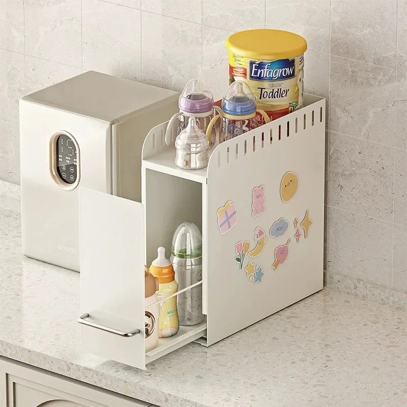 Kitchen pull-out water cup storage box, dustproof countertop narrow spice bottle and jar storage rack, insulated cup and tea
