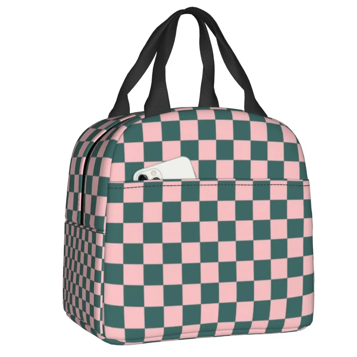 Custom Checkerboard Pattern Teal And Pink Insulated Lunch Bags for Women Geometric Plaid Resuable Cooler Thermal Bento Box