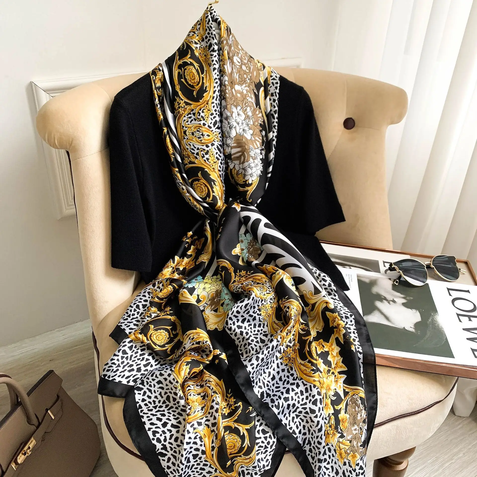 Lenços longos de seda com estampa leopardo, toalha de praia cetim, bandanas fashion, 4 estações, Europa e América, 180x90cm