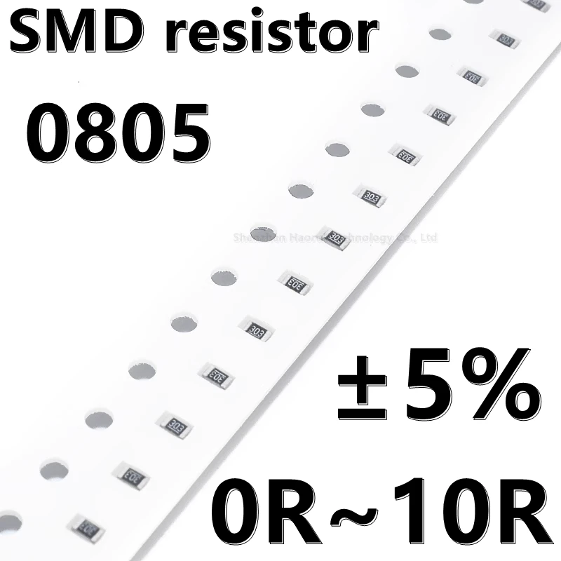 (100pcs) 0805 5% SMD resistor 0R 1R 1.2R 1.3R 1.5R 1.6R 1.8R 2R 2R2 2R4 2R7 3R 3R3 3R6 3R9 4.3R 4.7R 5R1 5R6 6R2 6R8 7R5 8R2 10R
