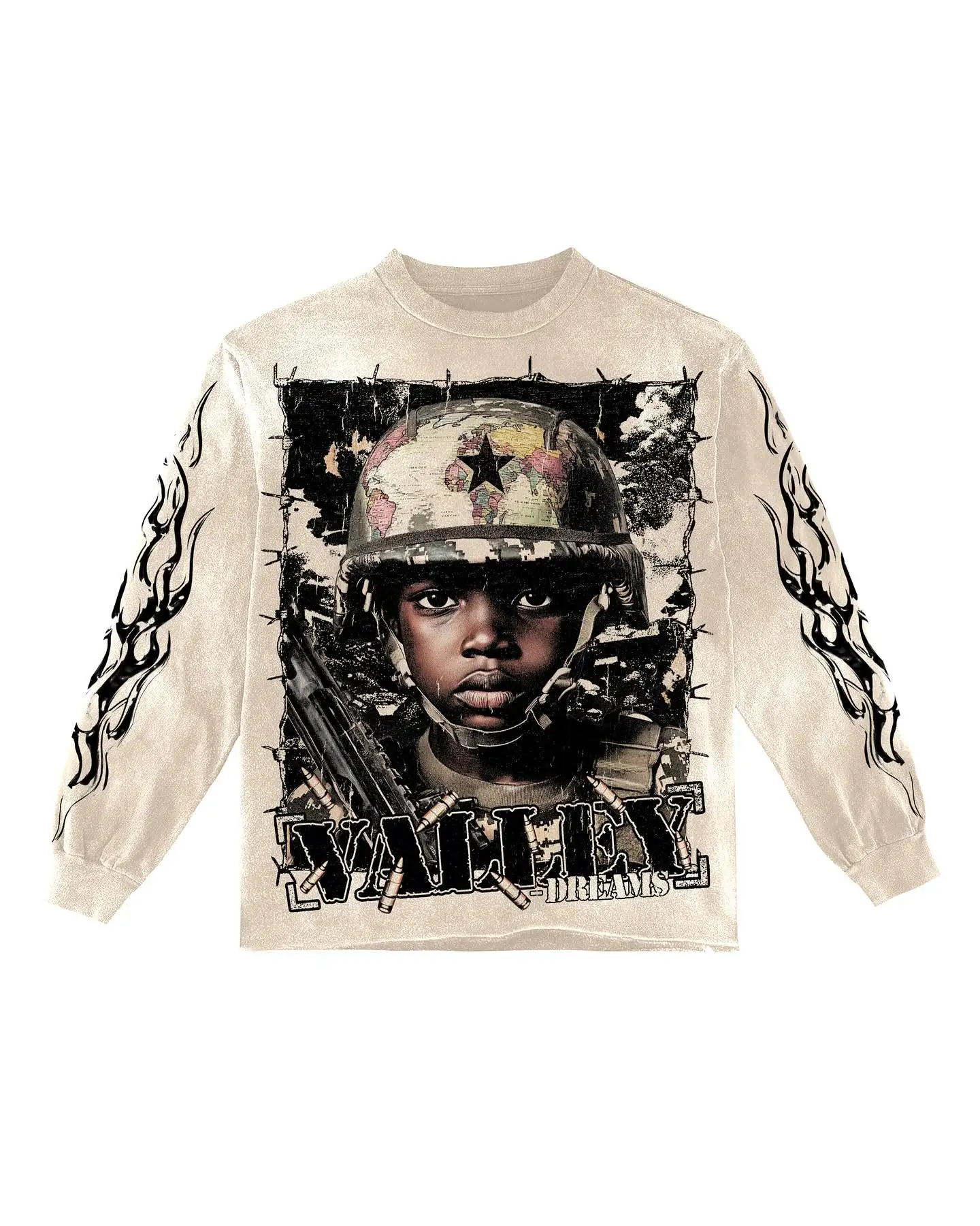 الجندي الأسود الجرافيك تي شيرت Y2K الشارع الشهير الرجال المتضخم تي شيرت ريترو Harajuku طاقم الرقبة قميص قطني بكم طويل بلايز