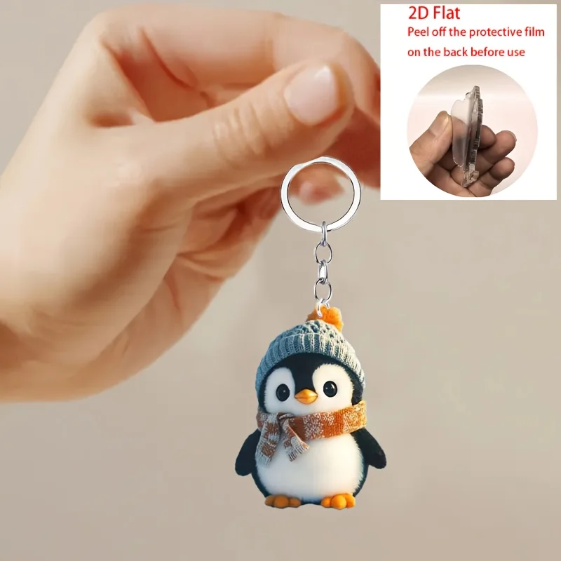 2D Cute Penguin Keychain Wearing Hat Hanging Ornament Acrylic Car Backpack Accessory Perfect Gifts for Halloween Christma Party view 3