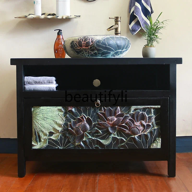 

D33Vintage Style Bathroom Cabinet Retro Bathroom Floor-standing Washbasin Cabinet Washstand New Chinese Style