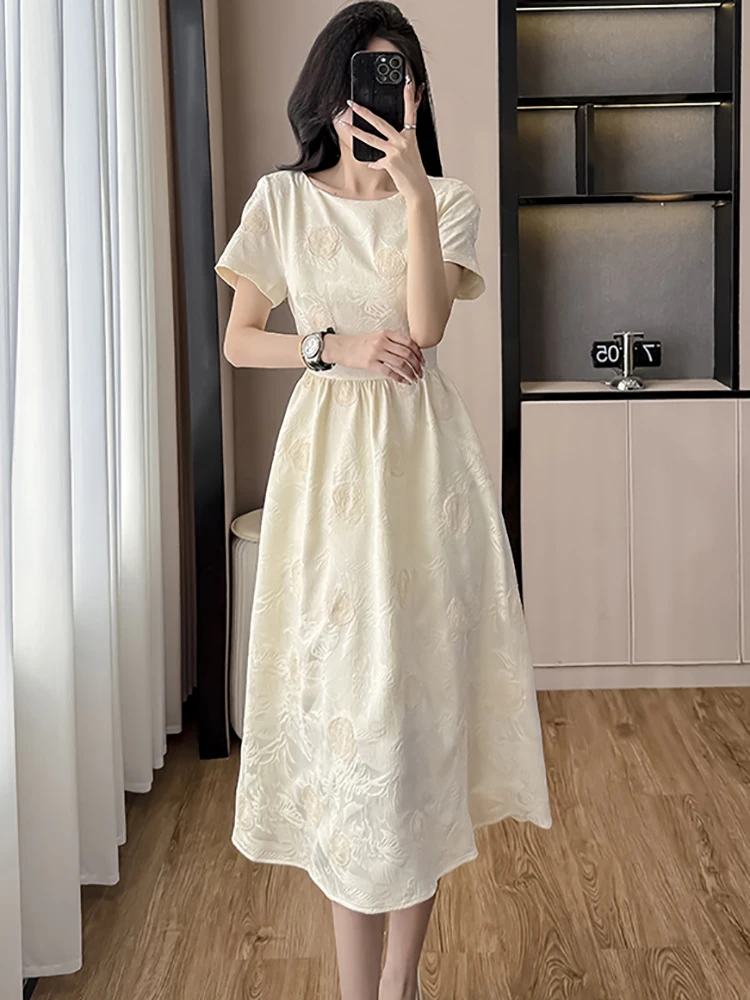 Zomer Witte Jacquard Bloemen Korte Mouw O-hals Lange Jurk Vrouwen Elegant Casual Thuis Jurk 2025, Koreaanse Bodycon Festival Jurken