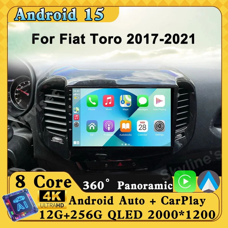 Rádio de Carro Android 16 para FIAT Toro 2017-2021, Autorádio Multimídia, Reprodutor de Vídeo DVD, Navegação GPS, Carplay, Sem DVD 2 Din