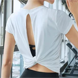 Aiithuug Side Ruched Twisted Yoga Tops Women's Round Neck Hollow Back Crop Tops Short Sleeved Workout Gym Pilates Exercise Suits