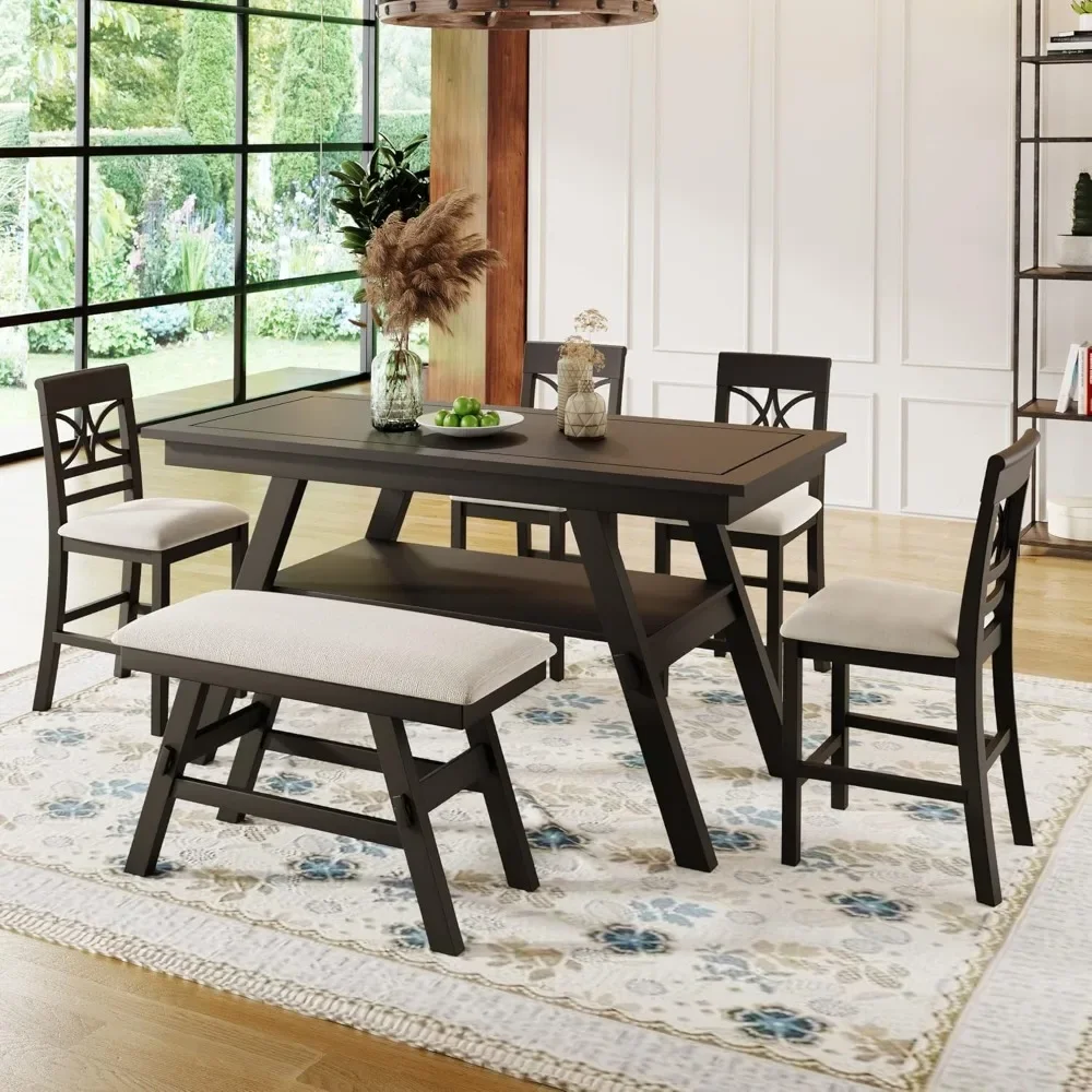 

Farmhouse Dining Room Table Set with Storage Shelf for 6 Persons Wooden 6 Piece Kitchen Table Set with Bench and Chairs