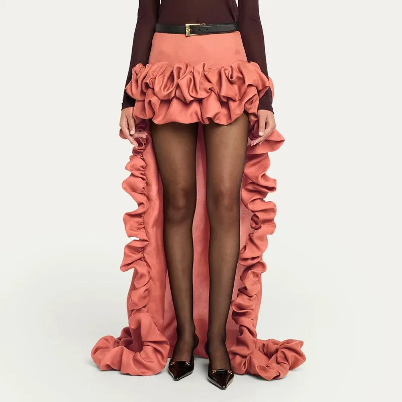 

Women Clothing Ruffle Leaf Edge Cake Skirt Retro Back Long High Waist Skirt