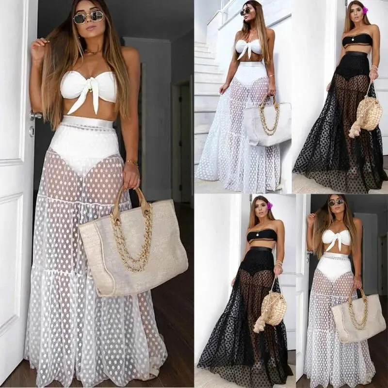 Women Chiffon Beach Wrap Skirt Sheer Mesh Bikini Cover Up Sarong Dress Swimwear Summer Vacation Wear