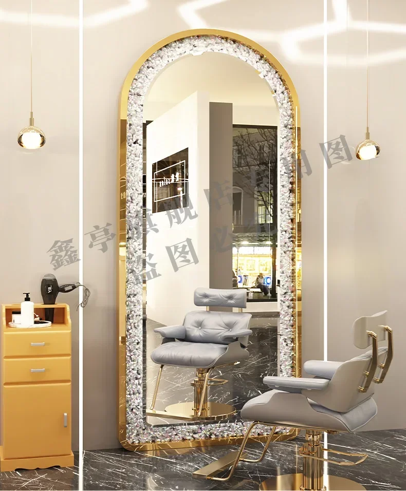 Yh29 Rhinestone-Encrusted Barber Shop Dressing Table Wall-Mounted   Mirror with Light Hair Salon Dressing Table Floor Mirror