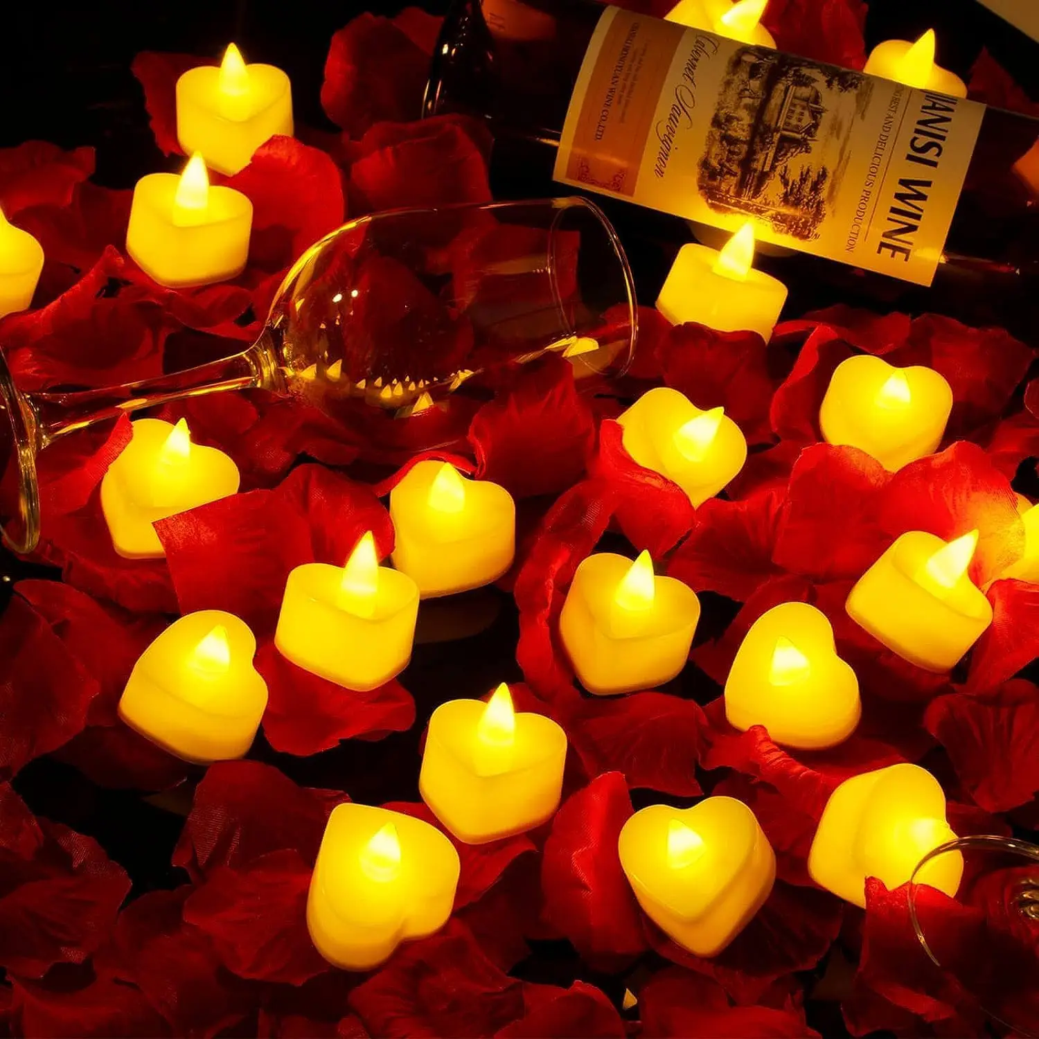 

24Pieces Romantic Heart LED Candle Heart LED Love Tealight Candle with Artificial Rose Petals for Valentine's Day Wedding Party