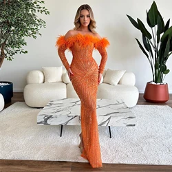 Sparkling Beaded Orange Mermaid Prom Dresses Feathers Off the Shoulder Sexy Back Slit Formal Occasion Dress فساتين للحفلات الراق