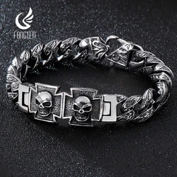 Fongten Gothic Skull Cross Curb Men's Bracelet Vintage Black Cuban Chain Stainless Steel Skeleton Male Bracelets Bangle Jewelry