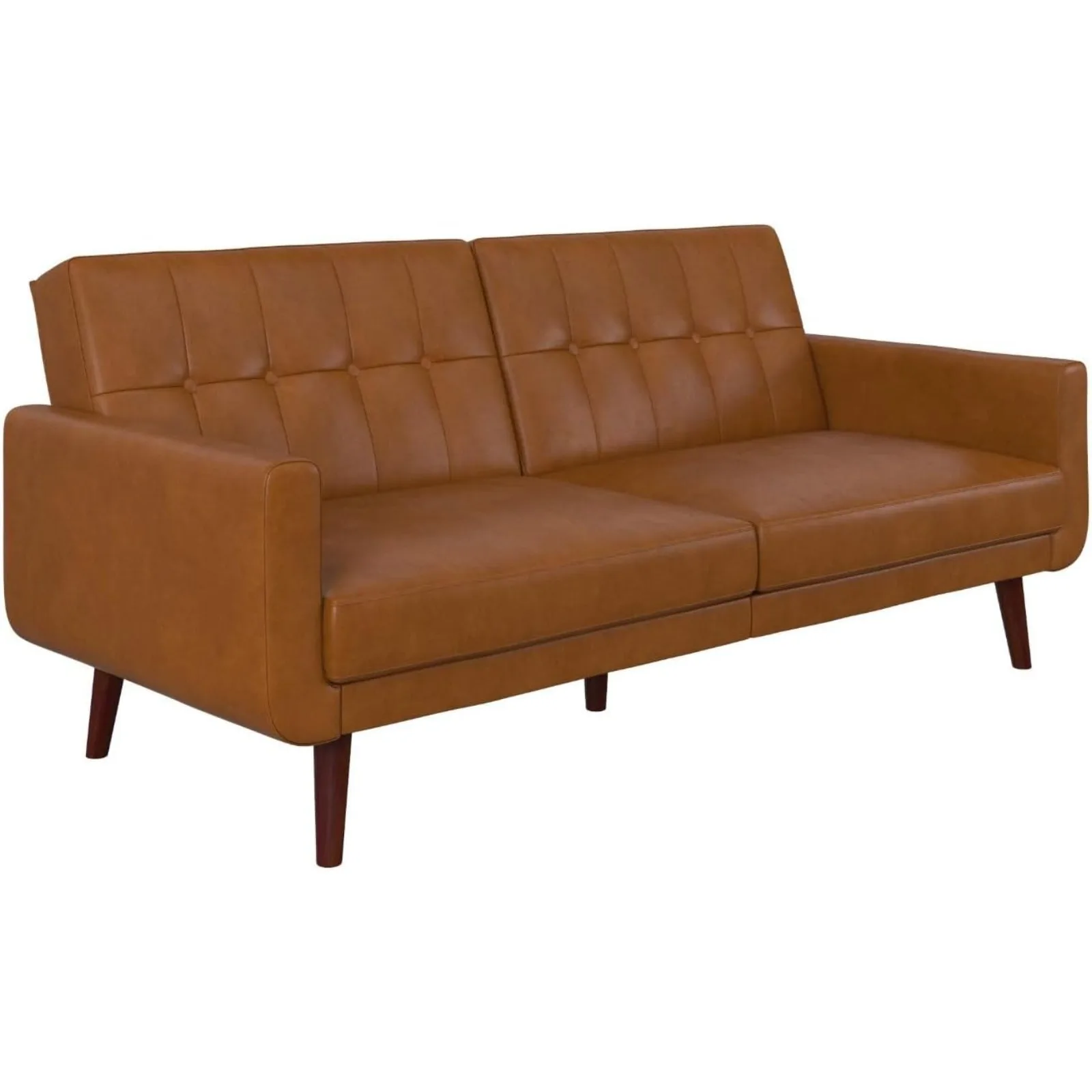 

US Nia Modern Futon Sofa Bed, Camel Faux Leather, Mid Century Design, Multi-Functional, Sturdy Wood Construction