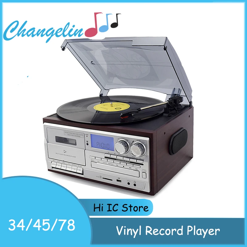 3 Speed Bluetooth Vinyl Record Player Vintage Turntable CD&Cassette Player AM/FM Radio USB Recorder Aux-in RCA Line-out