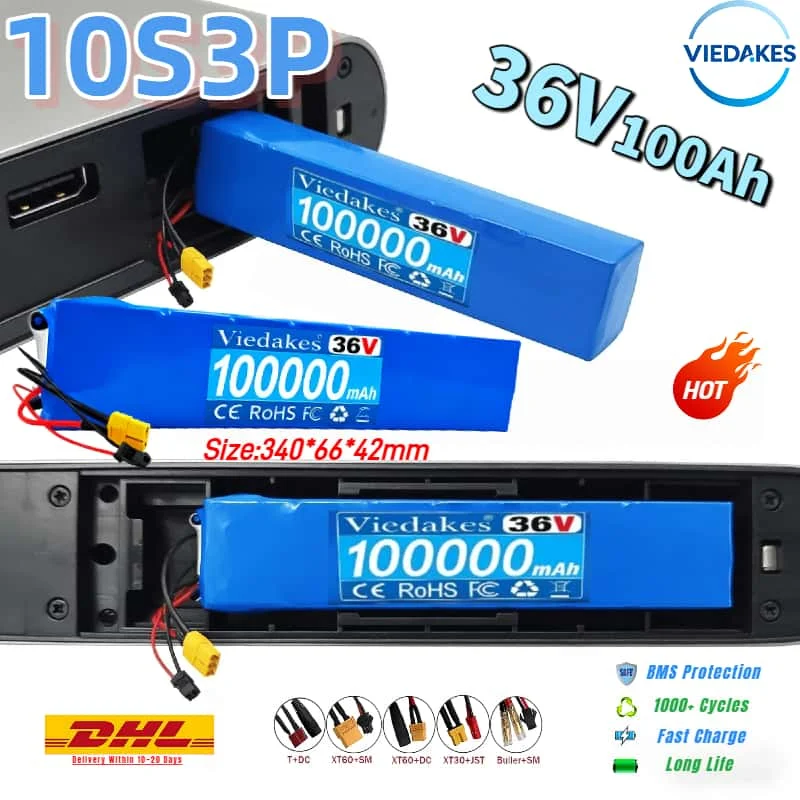 

VIEDAKES 10S3P 36V 100Ah 18650 Battery pack with XT-60+DC/T+DC/XT60+SM/XT30+JST/Buller+SM Port for Xiaomi M365/M365pro E-Scooter
