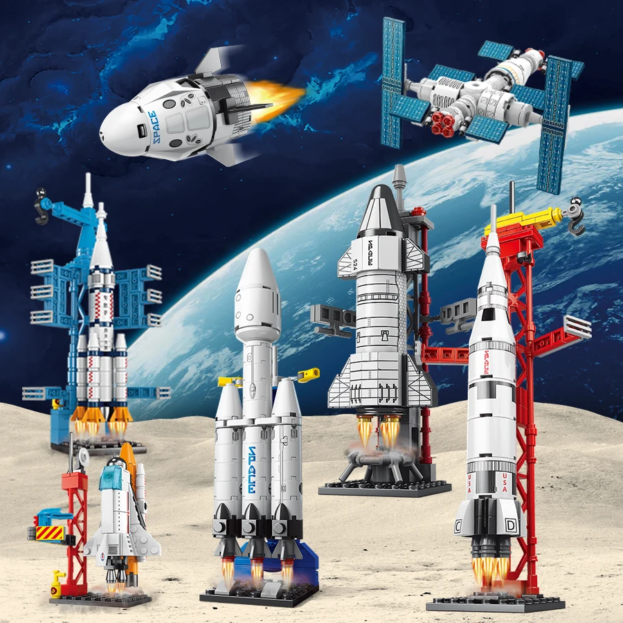 Aerospace building blocks small particle children's toy starship dragon spaceship Apollo 5 Space Station Assembly Model Rocket P