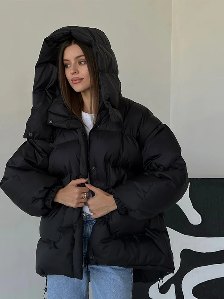 

Модная однотонная куртка-пуховик большого размера, женская теплая куртка со съемным капюшоном и длинными рукавами, карманами на молнии, 2025 г., зимняя женская повседневная одежда