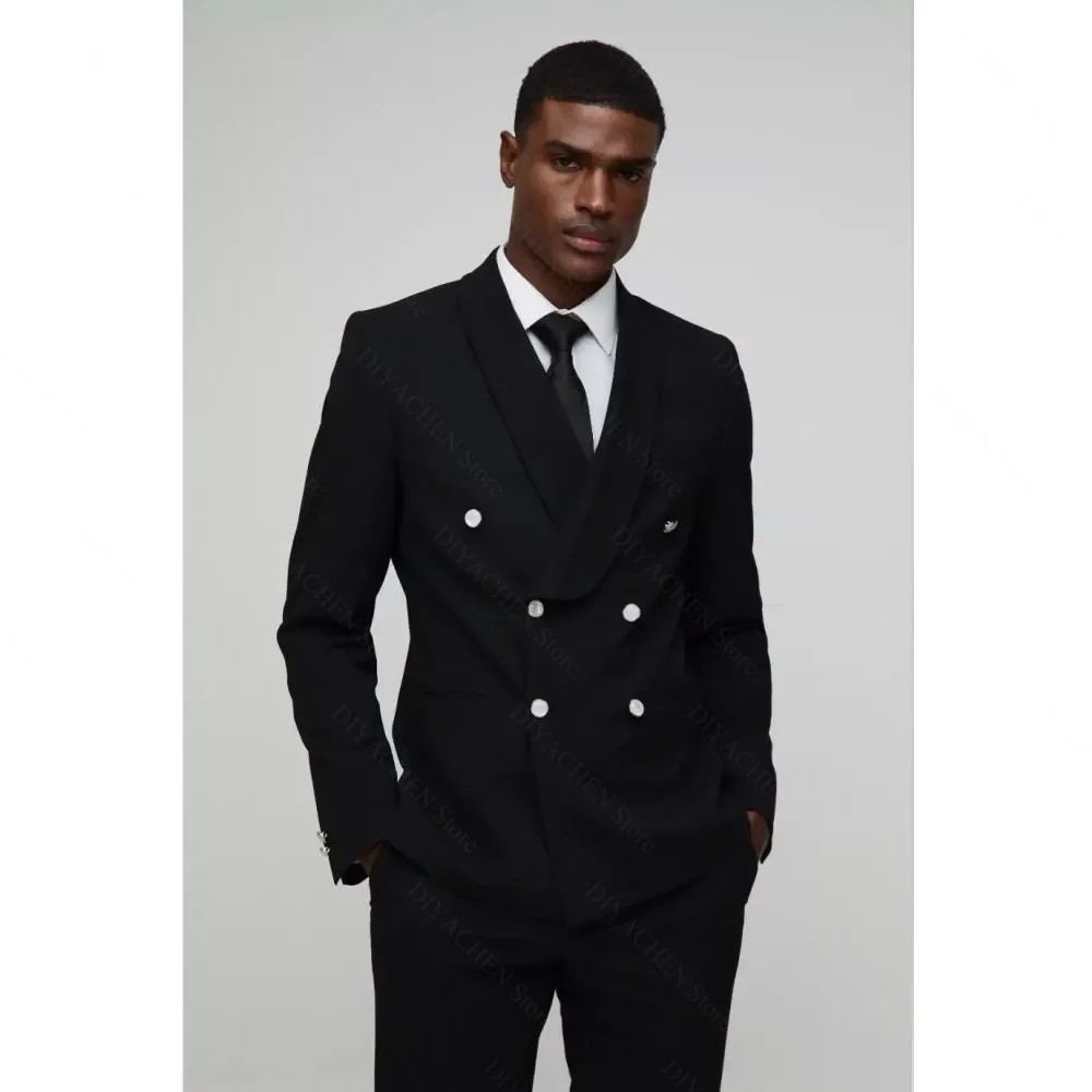

Black Men Suits Two Piece Elegant Shawl Lapel Double Breasted Tuxedos Wedding Party Solid Color Male Suit (Blazer+Pants)