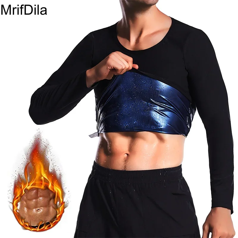 MrifDila Sauna Sweat Weight Loss Blue Lined Sweating Long Sleeve Men Body Shaper Body Building Tops Gym Workout Corsets Fat Burn
