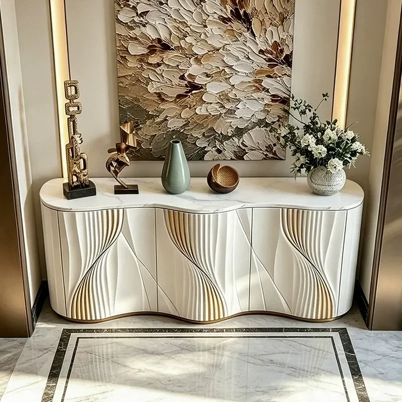 Italian Light Luxury Marble Entryway Cabinet Modern Solid Wood Carved Storage Console for Foyer Hallway Decorative Sideboard