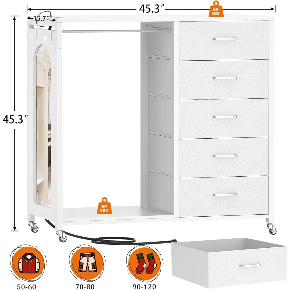 Children's wardrobe with clothes hanger and mirror, white 5-drawer wardrobe with charging station LED lights, drawers can roll