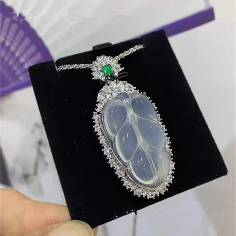 Natural Ice-Permeable Motor Gass Chalcedony925Silver Platinum-Plated Leaves Pendant Necklace National Style Comparable Jade Pend