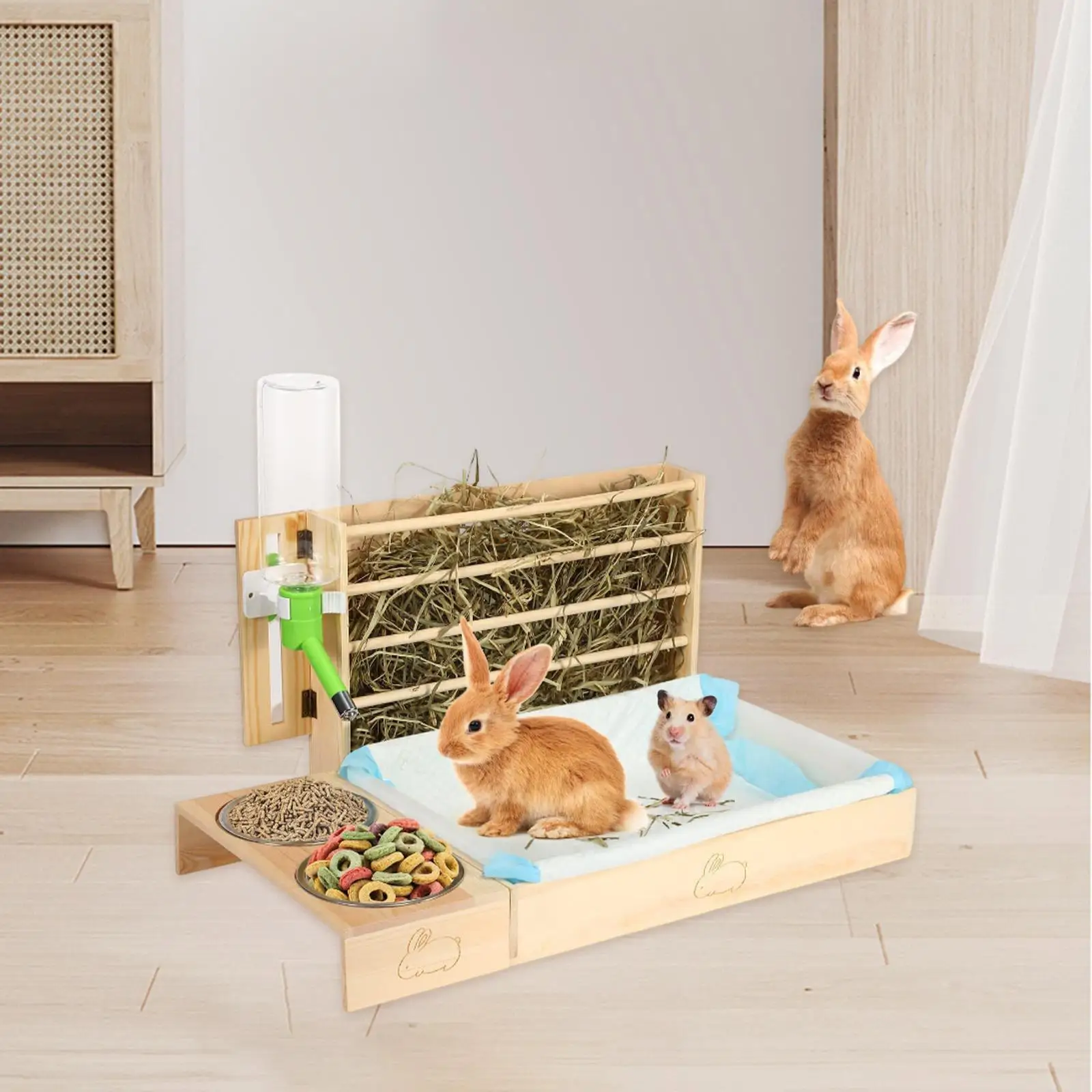 Wooden Hay Feeder with Litter Box 4 in 1 for Dwarf Guinea Pig Hamster